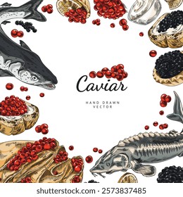 Vector illustration of round frame of tuna and salmon fish and appetizer with red and black caviar on sandwich, pancakes and tartlets. Watercolor grunge style of exquisite seafood. Space for text.