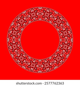 Vector illustration of round frame Ukrainian ornament in ethnic style, identity, vyshyvanka, embroidery for print clothes, websites, banners. Background. Geometric design, copy space, frame