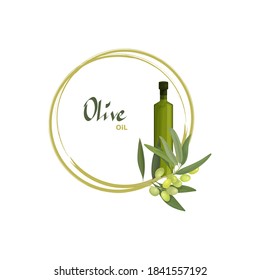 Vector illustration of a round frame or wreath of an olive tree with fruits and a bottle of olive oil. For invitations, thank you cards, labels and advertisements