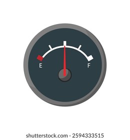 Vector illustration of a round fuel gauge with a red pointer, indicating half full, designed for automotive dashboards, isolated on a white background.
