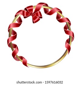 Vector illustration round gold frame with big red bow and curled ribbons pattern