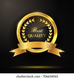 Vector illustration of Round golden best quality badge with ribbon 