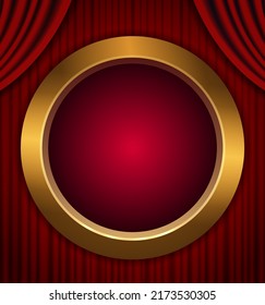 Vector illustration of round golden frame on dark red background with curtain for design