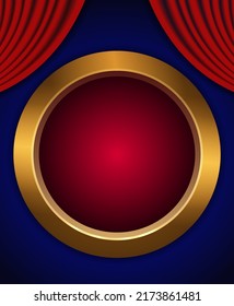 Vector illustration of round golden frame on dark blue background with red curtain for design