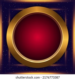 Vector illustration of round golden frame on dark blue background with shining lines for design