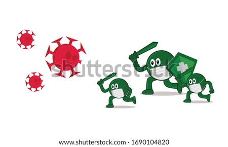 Vector illustration of round green character attacking a virus with a sword