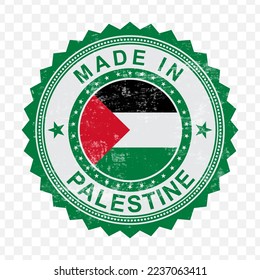 Vector illustration of round green stamp. Made in Palestine on transparent background (PNG).