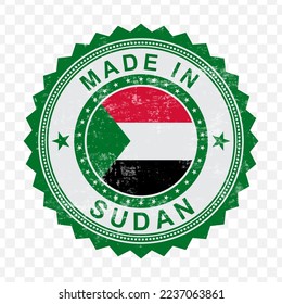 Vector illustration of round green stamp. Made in Sudan on transparent background (PNG).