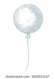Vector illustration of round helium Balloon with string in hand drawn outline style. Linear drawing for childish party invitations or Baby shower greeting cards. Engraving for nursery decoration.
