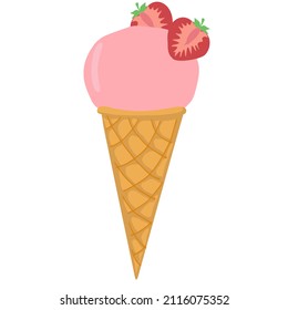 Vector illustration of a round ice cream in a waffle cone with strawberries. Ice cream in pink colors isolated on white background.