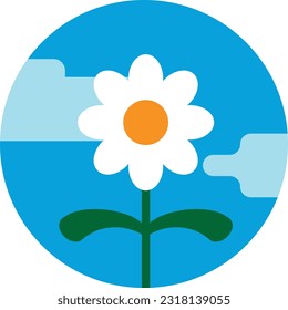 Vector illustration of a round icon of a beautiful white flower, on a blue sky. Summer or spring day. Flowering plant growth. Beautiful daisy.
