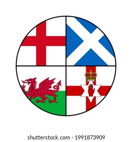 vector illustration. round icon with england, scotland, wales and northern ireland flags, isolated on white background