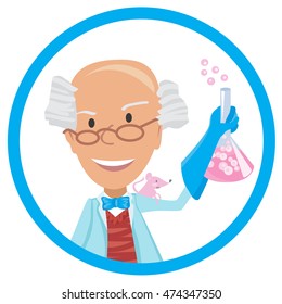 Vector illustration round icon of scientist with testube in flat style