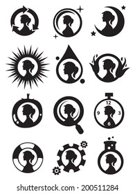 Vector illustration of round icon set with a pony tail girl in profile. 