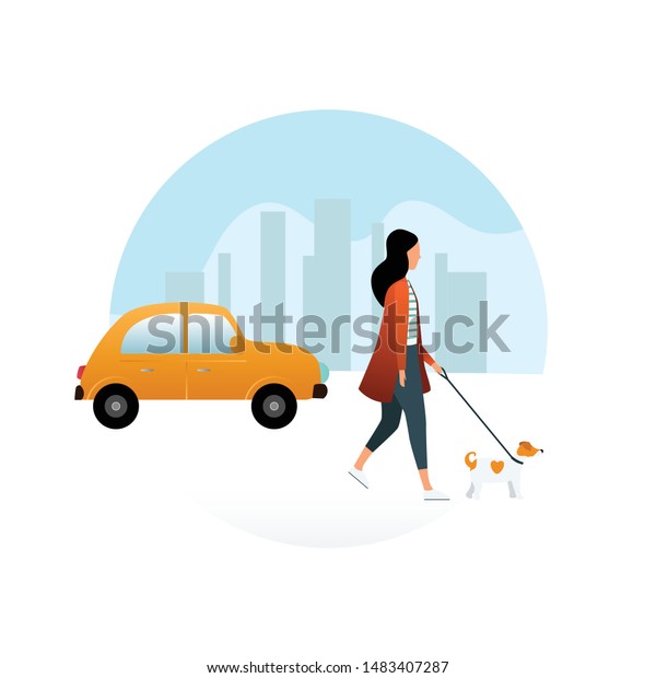 Vector illustration of\
round icon of a woman walking a dog - jack russell terrier. City\
scape background with yellow retro car and skyscraper, buildings\
and towers.