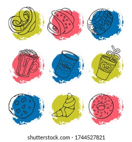 Vector illustration of round icons on the theme of food. Glasses with coffee, rolls, cookies, a donut and a croissant. Green, blue and pink colors.