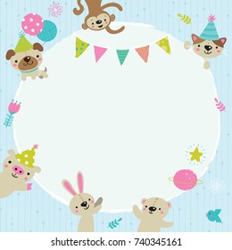 Vector illustration of round image frame with cute and colorful party animals in party hats with banners and balloons surrounding it