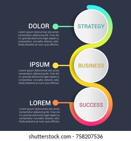 Vector illustration round infographics three options. Colorful Template for brochure, business, web design. Dark background