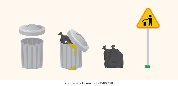 vector illustration of round iron trash can, trash can, dirty, used goods.