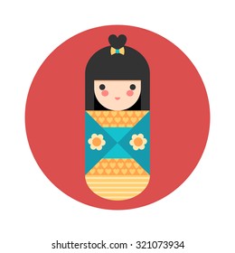 Vector illustration of round Japanese Kokeshi Doll icon.