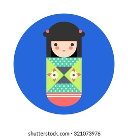 Vector illustration of round Japanese Kokeshi Doll icon.