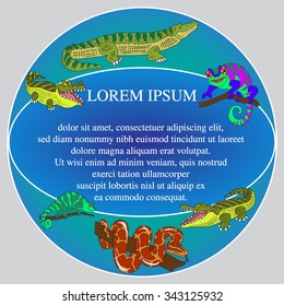 Vector illustration of the round label with cartoon creeping animals