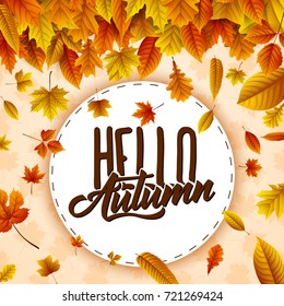 Vector illustration of Round label with falling leaves