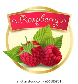 Vector illustration of a round label, a sticker with raspberry berries in a realistic style. Print, template, packaging design element for berries, jam, drink
