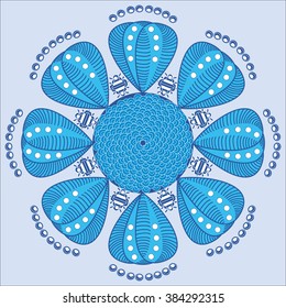 Vector illustration of round lace ornament in zentangle style. Blue colours