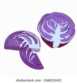 Vector illustration of a round large cut red cabbage with separate purple pieces. For salads, side dishes, stews in the menu of restaurants of home cooking cuisine in vegetable shops. White background