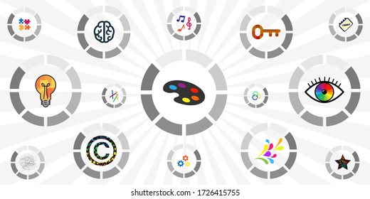 vector illustration of round loading bars and art symbols for overcoming creative blocks visuals