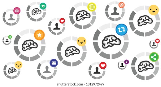 vector illustration of round loading bars and brains with social media symbols 