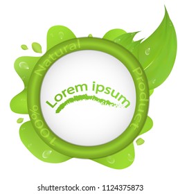 Vector illustration. Round logo 100 natural product, with green leaf and drops of dew, on a blush of blots, with inscription lorem ipsum isolated on white background