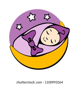 Vector illustration, round logo, Baby sleeping on the moon