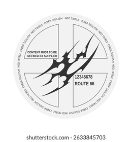 Vector illustration of a round logo with a black silhouette of a tribal pattern in the center, y2k. Neo-tribal sign with 90s cyber aesthetics. Sticker or emblem with space for text.
