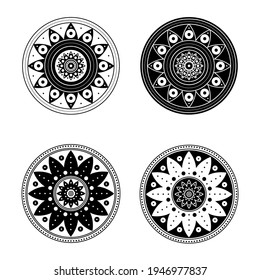 Vector illustration round mandala illustration black white color. Fancy ethnic ornaments silhouette set.