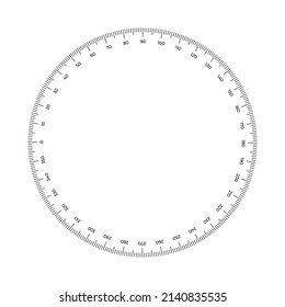 Vector illustration round meter scale isolated on white background. Measuring circle scale in flat style. Circular ruler template. 360 degrees. Protractor grid.
