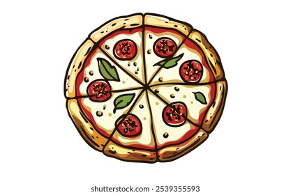 Ilustración vectorial de pizza napolitana redonda rebanada en 8 piezas en estilo de dibujos animados: pizza clásica con corteza fina, rematada con salsa de tomate fresca, queso mozzarella y hojas de albahaca