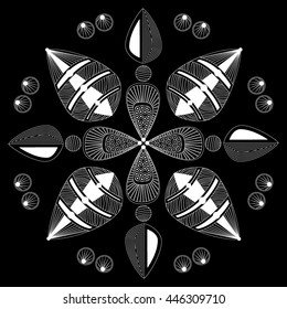 Vector illustration of the round ornament on black background. Black and white pattern in zentangle style. Monochrome pic.