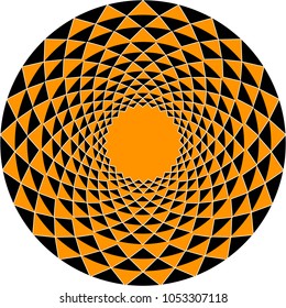 vector illustration of a round ornament of triangles of black and orange on a white background.