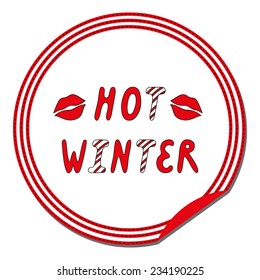 Vector illustration: Round paper label "Hot winter"  made as a bright sticker with funny christmas letters 
