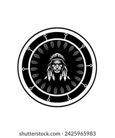 Vector illustration of a round pattern or logo with a silhouette image of a portrait of an Indian in the center