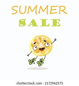 Vector illustration of a round piece of lemon character, cartoon, rollerblading, inscription summer sale.