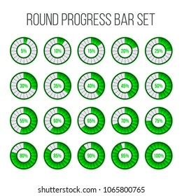 Vector illustration of round progress bar. Circle indicators status. Loading and buffering percentage icon set. Circular interval timer. Art design. Abstract concept graphic element. Accuracy dial.