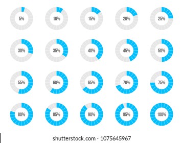 Vector illustration of round progress bar. Circle indicators status. Loading and buffering percentage icon set. Circular interval timer. Art design. Abstract concept graphic element. Accuracy dial.