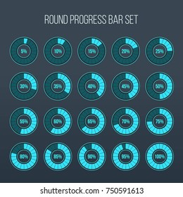 Vector illustration of round progress bar. Circle indicators status. Loading and buffering percentage icon set. Circular interval timer. Art design. Abstract concept graphic element. Accuracy dial