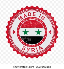 Vector illustration of round red stamp. Made in Syria on transparent background (PNG).