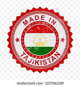 Vector illustration of round red stamp. Made in Tajikistan on transparent background (PNG).