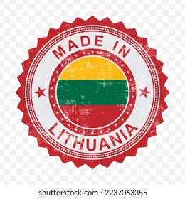 Vector illustration of round red stamp. Made in Lithuania on transparent background (PNG).