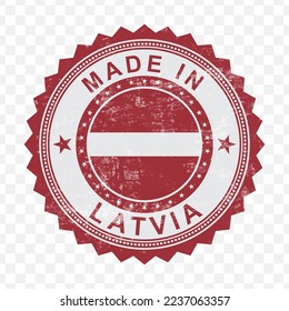 Vector illustration of round red stamp. Made in Latvia on transparent background (PNG).